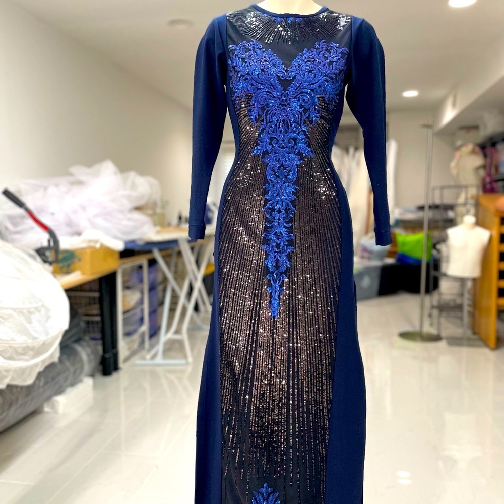 Navy blue evening gown, long sleeved, slit in each side
